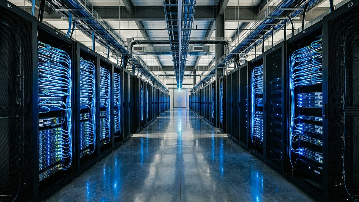 Modern telekomünikasyon veri merkezinde simetrik sunucu dolapları ve parlayan mavi fiber optik kablolar
