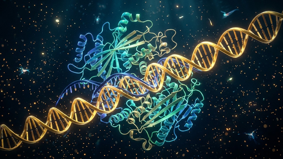 Altın renkli DNA çift sarmalı ile etkileşime giren parıldayan biyolojik ART enzim kompleksi
