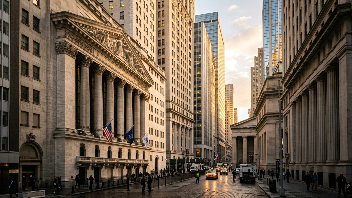 Sabahın ilk ışıklarında New York Finans Bölgesi ve görkemli kurumsal şirket genel merkezi mimarisi