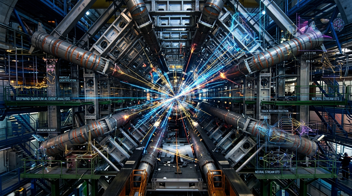 CERN Büyük Hadron Çarpıştırıcısı ATLAS dedektör tünelinde parçacık çarpışması ve DeepMind kuantum sinir ağı analizi