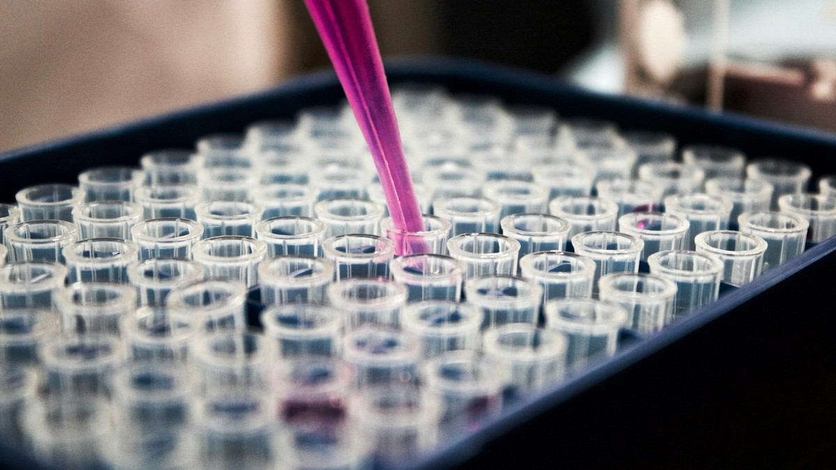 Genetik araştırma laboratuvarında cam şişeler ve DNA analiz reaktifleri