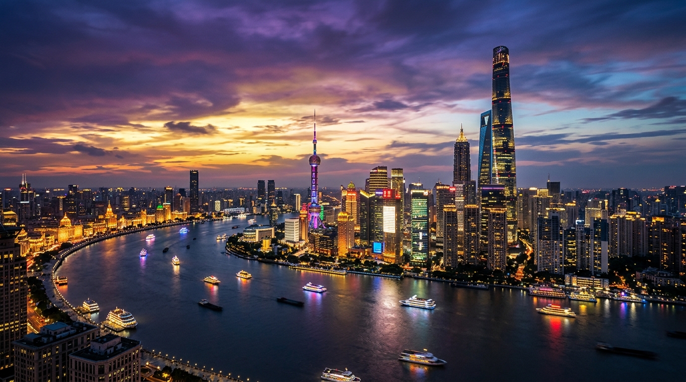 Şanghay Pudong finans merkezinde gökdelenlerin gece ışıkları ve fütüristik yapay zeka ekosistemi