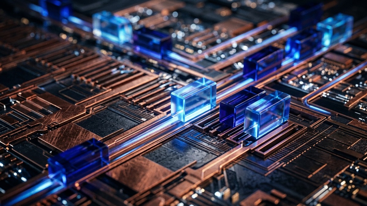 Yüksek hızlı önbellek bellek mimarisini ve silikon veri bloklarını simgeleyen mikroelektronik yapı