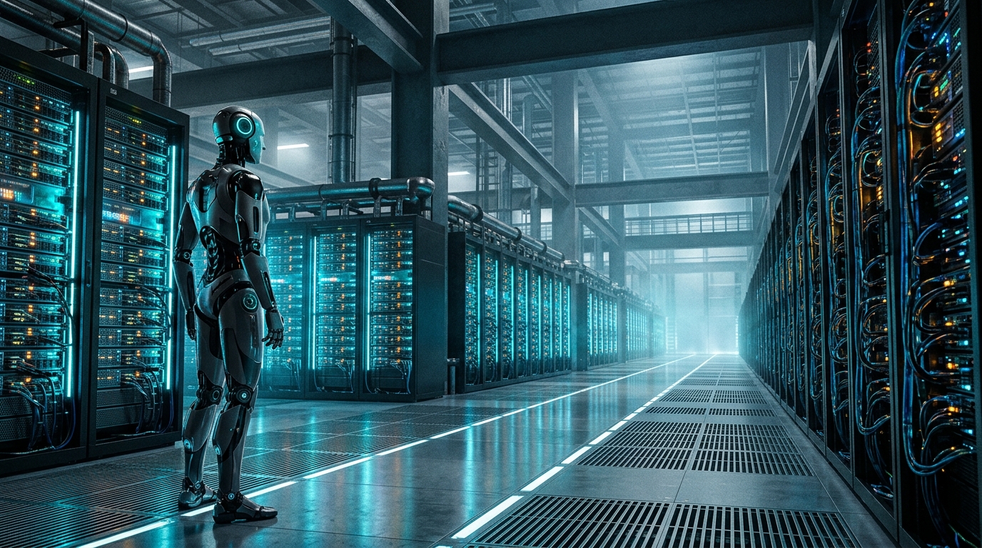 Devasa Colossus süper bilgisayar sunucu koridorunda duran insansı robot silüeti