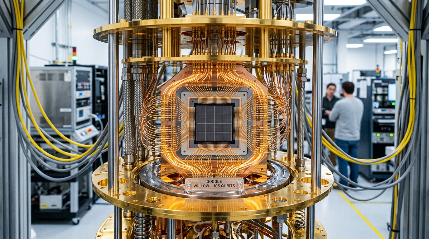 Google Quantum AI laboratuvarında kriyojenik seyreltme buzdolabı ve 105 kubitlik Willow kuantum işlemcisi