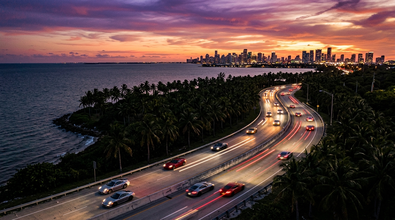 Miami ve Vice City tarzı gün batımında sahil otoyolunda seyreden araçlar
