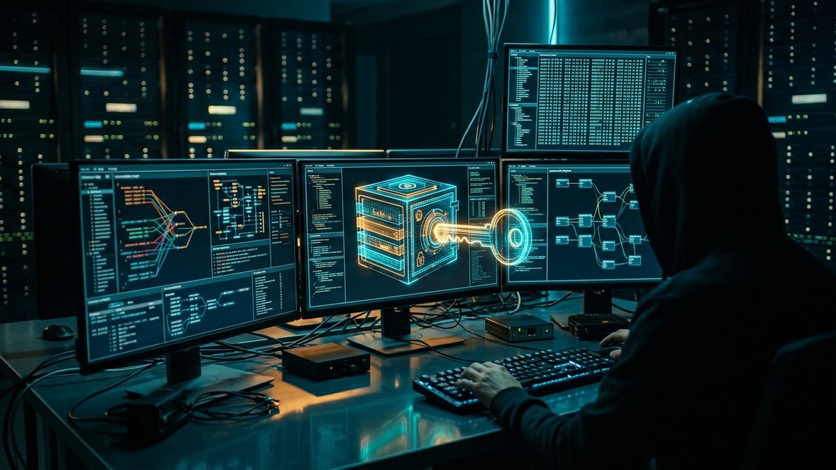 Siber güvenlik komuta masasında koda gömülü zafiyetleri analiz eden ekranlar ve şifreli kasayı açan holografik anahtar