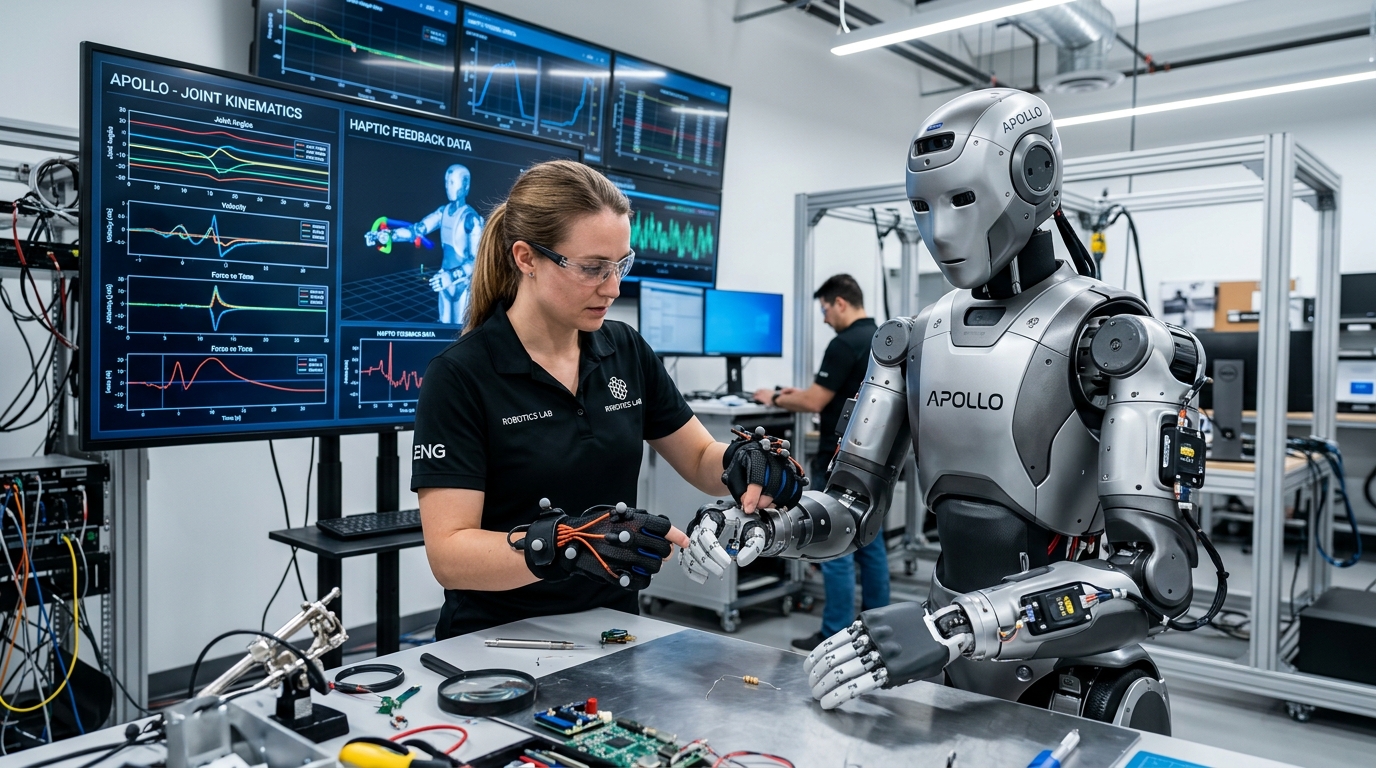 Robotik laboratuvarında haptik eldivenlerle Apollo robotuna hassas montaj eğitimi verilmesi