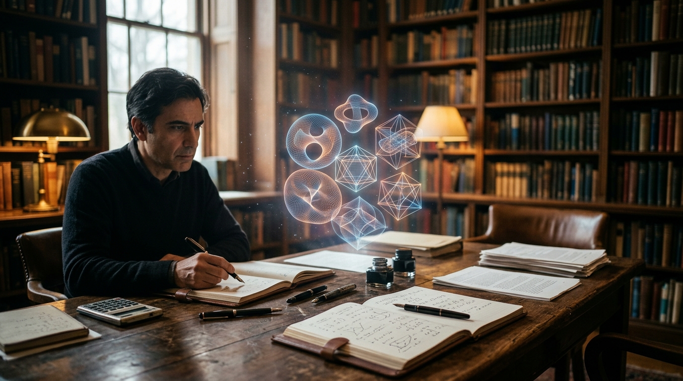 Tarihi kütüphanede çalışma masasında geometrik topoloji modelleri üzerinde çalışan matematikçi ve yapay zeka hologramı