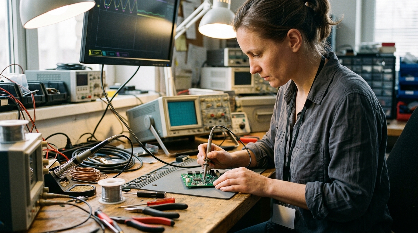 Elektronik mühendisi atölyesinde televizyona bağlı mikrodenetleyici kartı üzerinde Muse yazılımını test ediyor