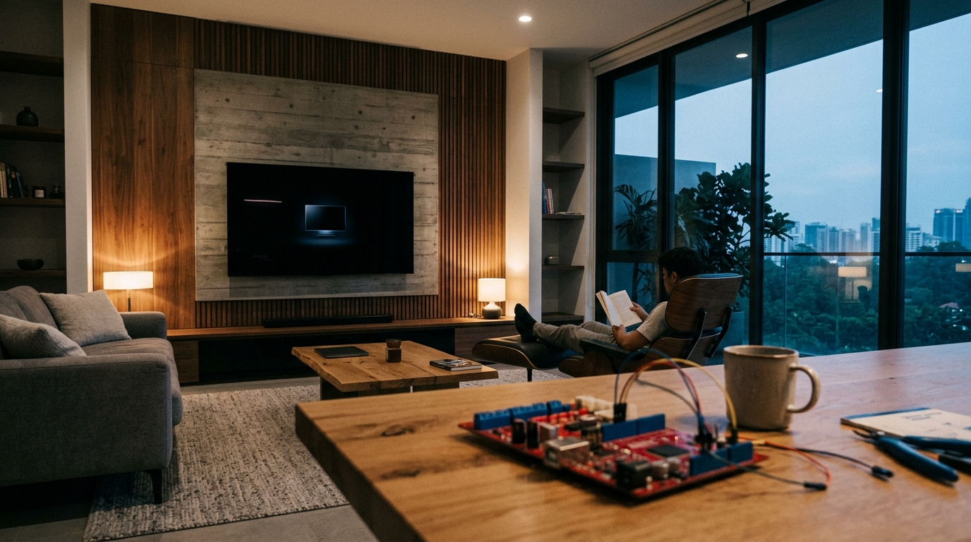 Modern akıllı oturma odasında büyük OLED televizyona entegre Meta Muse yapay zeka donanımı ve geliştirici çalışma masası