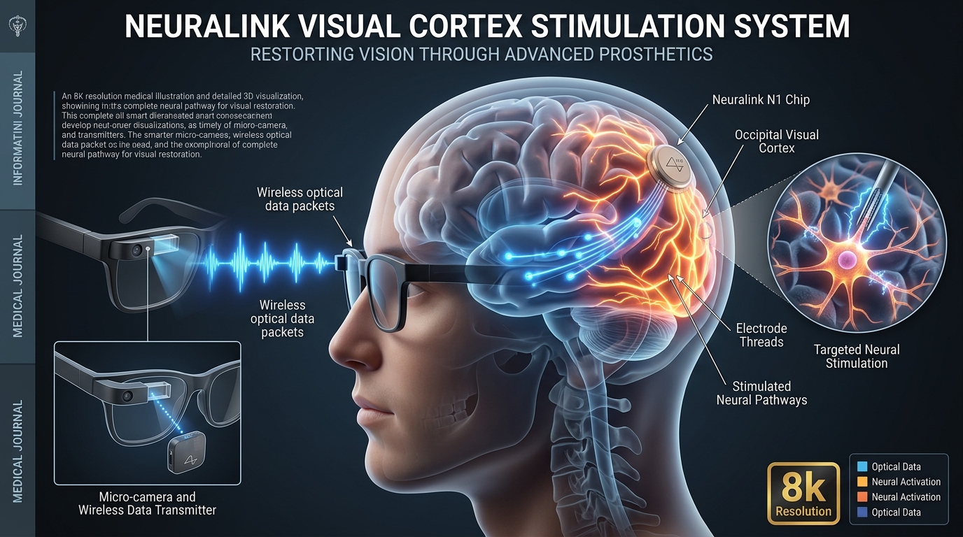 Akıllı gözlük kamerasının Neuralink N1 çipine kablosuz veri ileterek oksipital görsel korteksi uyarmasını gösteren 3D medikal diyagram