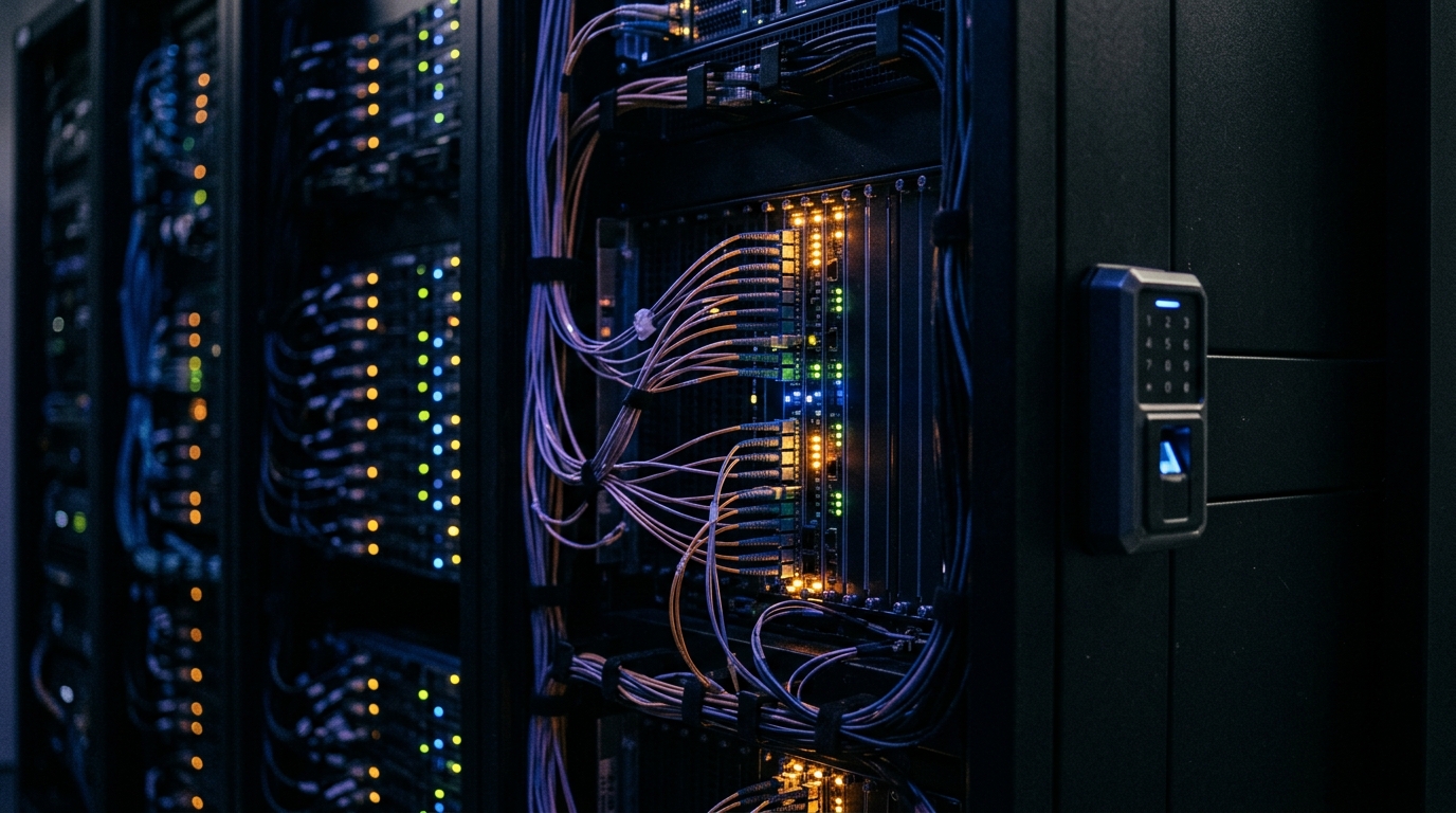 Yüksek güvenlikli veri merkezinde şifreli sunucu kabinleri ve optik fiber bağlantıları