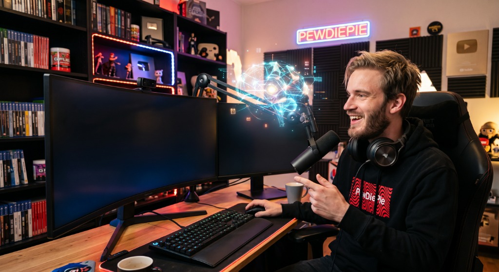 PewDiePie (Felix Kjellberg) stüdyosunda kendi geliştirdiği açık kaynaklı yapay zeka beyni ve masaüstü arayüzü önünde