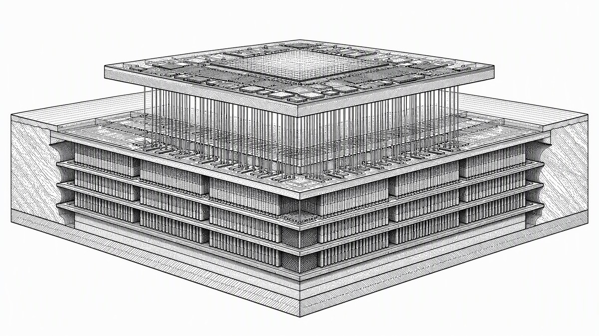 GPU kalıbının bellek hiyerarşisini gösteren 1940'lar patent çizimi tarzı siyah-beyaz gravür teknik çizim