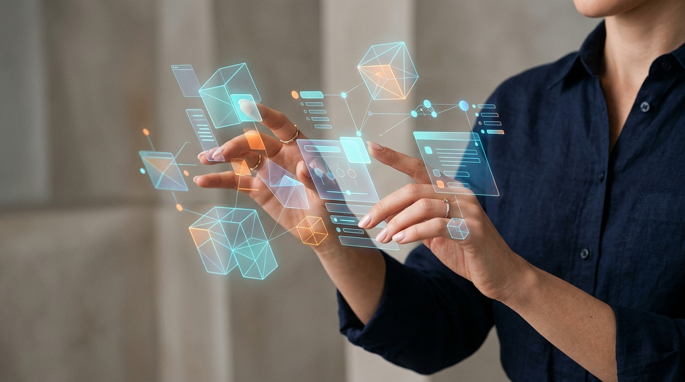 Tasarım stüdyosunda geniş ekranda yapay zeka ile modern e-ticaret mağazası arayüzü oluşturan girişimci