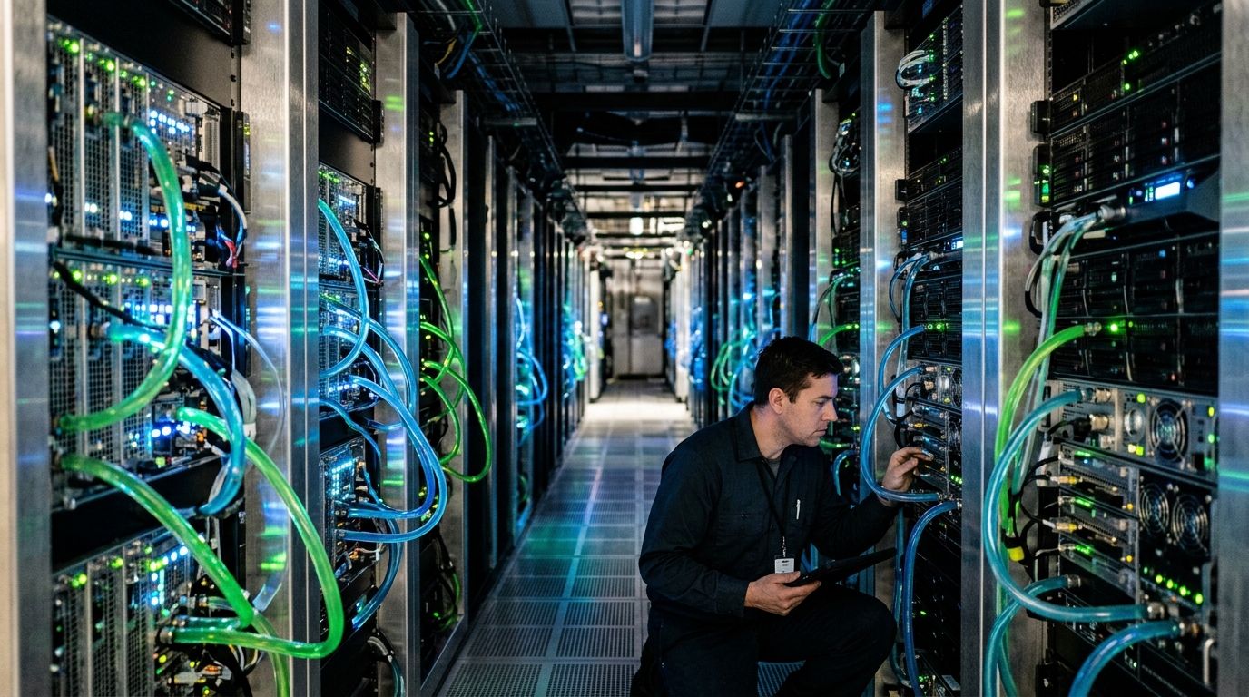 Colossus süper bilgisayar tesisinde sıvı soğutmalı Nvidia sunucu rafları ve yüksek hızlı ağ kabloları