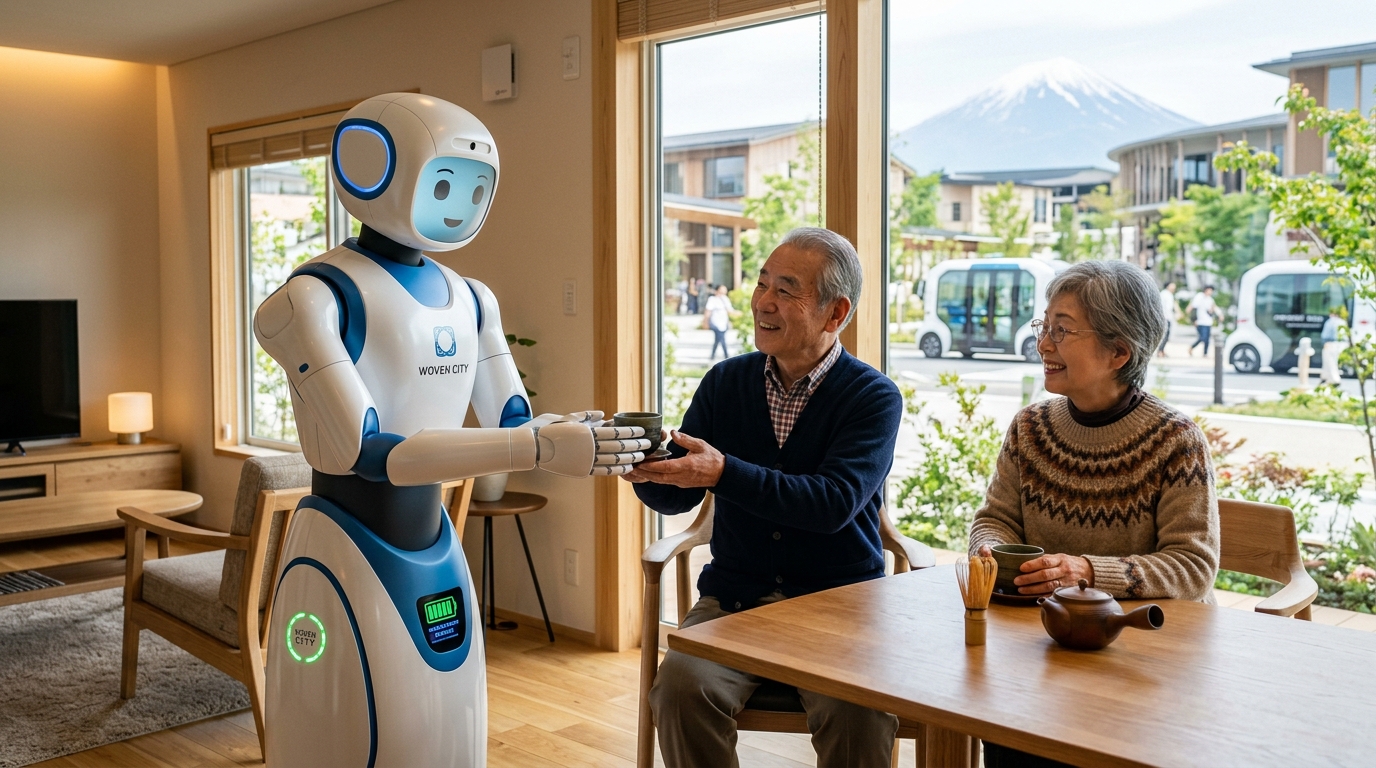 Tokyo Woven City akıllı evinde yaşlı Japon çifte çay ikram eden sevimli ve güvenli Toyota Woven insansı robotu
