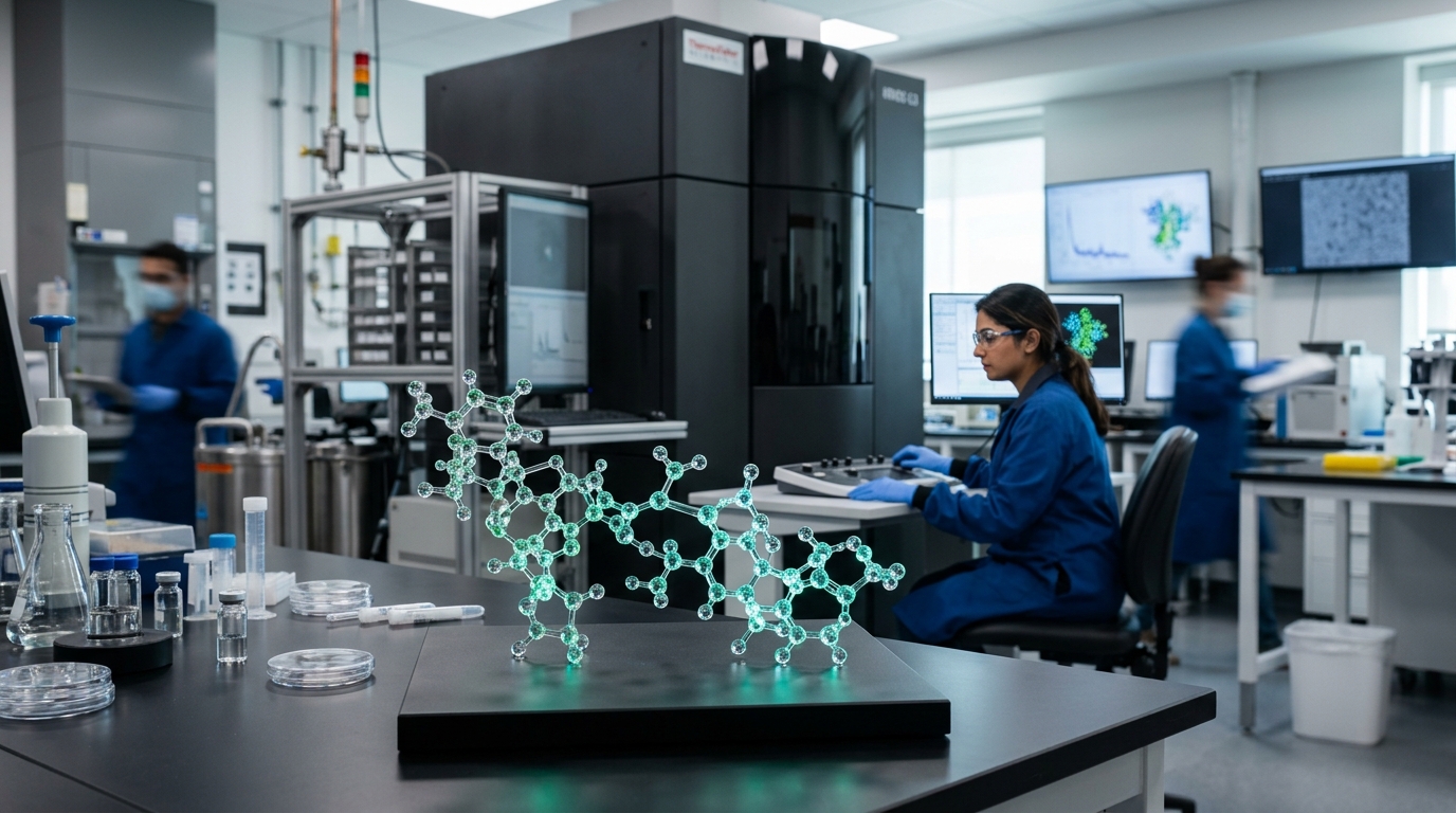 İleri biyoteknoloji laboratuvarında kryo-elektron mikroskobu ve parlayan kristal yapılı PROTAC molekül modeli